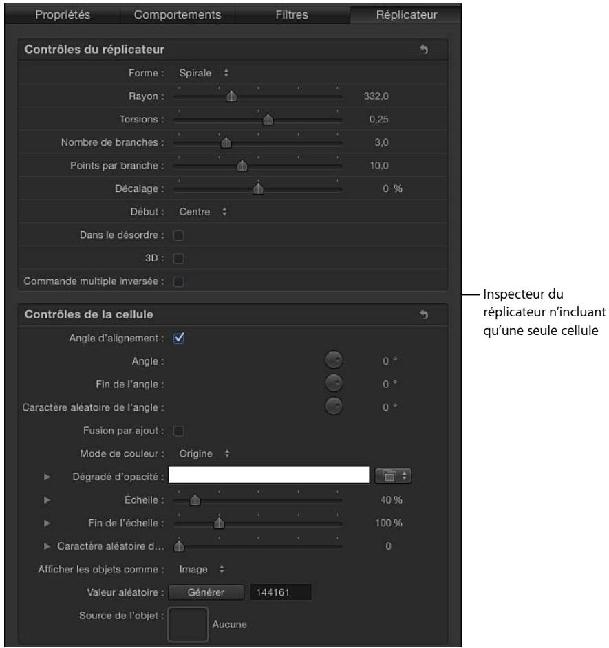 Propriétés Comportements Filtres Réplicateur Contrôles du réplicateur Forme : Spirale Rayon : 332,0 Torsions : 0,25 Nombre de branches : 3,0 Points par branche : 10,0 Décalage : 0 % Début : Centre Dans le désordre : 3D : Commande multiple inversée : Contrôles de la cellule Angle d'alignement : Angle : 0 ° Fin de l'angle : Caractère aléatoire de l'angle : Fusion par ajout : Mode de couleur : Origine : Dégradé d'opacité : Échelle : 40 % Fin de l'échelle : 100 % Caractère aléatoire d... Afficher les objets comme : Image : Valeur aléatoire : Générer 144161 Source de l'objet : Aucune Inspecteur du réplicateur n'incluant qu'une seule cellule