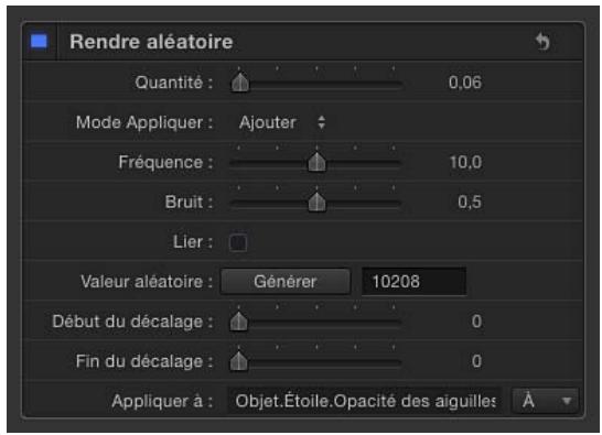 Rendre aléatoire Quantité : 0,06 Mode Appliquer : Ajouter Fréquence : 10,0 Bruit : 0,5 Lier : Valeur aléatoire : Générer 10208 Début du décalage : 0 Fin du décalage : 0 Appliquer à : Objet.Étoile.Opacité des aiguilles À