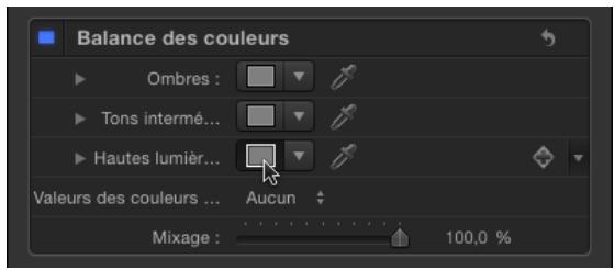 Balance des couleurs Ombres : Tons intermé... Hautes lumiè... Valeurs des couleurs ... Aucun Mixage : 100,0 %