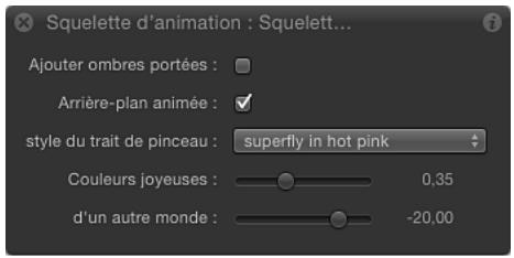 Squelette d'animation : Squelett... Ajouter ombres portées : Arrière-plan animée : style du trait de pinceau : superfly in hot pink Couleurs joyeuses : 0,35 d'un autre monde : -20,00