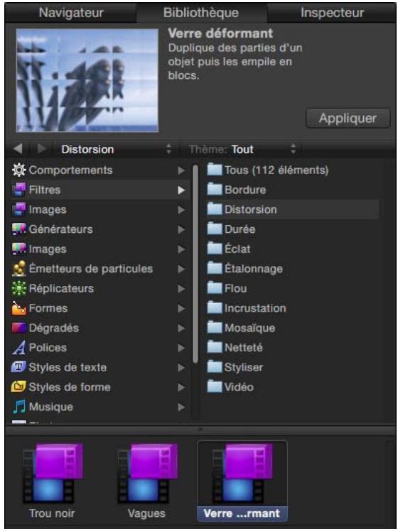 Navigateur Bibliothèque Inspecteur Verre déformant Duplique des parties d'un objet puis les empile en blocs. Appliquer Distorsion Thème: Tout Comportements Filtres Images Générateurs Images Émetteurs de particules Replicateurs Formes Dégradés Policies Styles de texte Styles de forme Musique Tous (112 éléments) Bordure Distorsion Durée Éclat Étalonnage Flou Incrustation Mosaïque Netteté Styliser Vidéo Trou noir Vagues Verre ...rmant