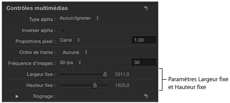 Contrôles multimédias Type alpha : Aucun/Ignorer Inverser alpha : Proportions pixel : Carré 1.00 Ordre de trame : Aucune Fréquence d'images : 30 ips 30 Largeur fixe : 2311,0 Hauteur fixe : 1525,0 Rognage : Paramètres Largeur fixe et Hauteur fixe