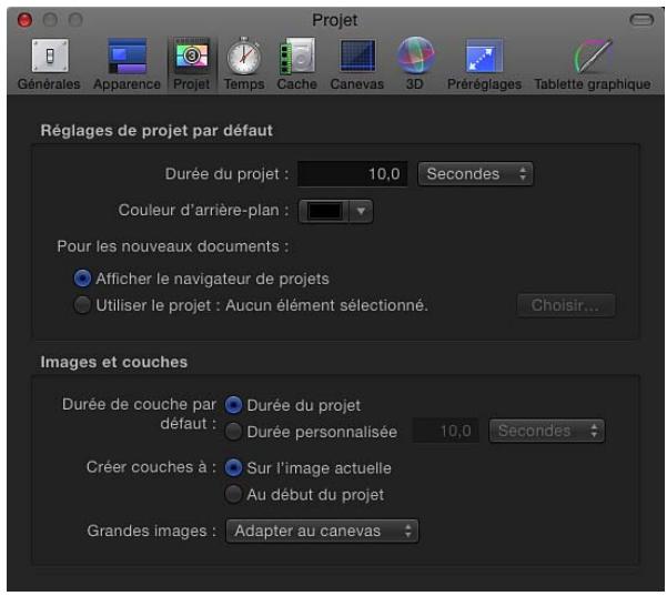 Projet Générales Apparence Projet Temps Cache Canevas 3D Préréglages Tablette graphique Réglages de projet par défaut Durée du projet : 10,0 Seconds Couleur d'arrière-plan : Pour les nouveaux documents : • Afficher le navigateur de projets • Utiliser le projet : Aucun élément sélectionné. Choisir... Images et couches Durée de couche par : Durée du projet défaut : Durée personnalisée 10,0 Seconds Créer couches à : Sur l'image actuelle • Au début du projet Grandes images : Adapter au canevas