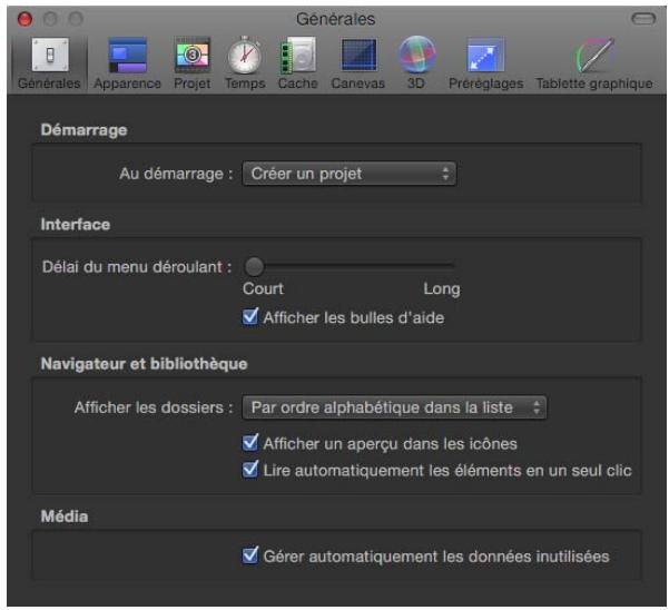Générales Générales Apparence Projet Temps Cache Canevas 3D Préréglages Tablette graphique Démarrage Au démarrage : Créer un projet Interface Délai du menu déroulant : Court Long ✓ Afficher les bulles d'aide Navigateur et bibliothèque Afficher les dossiers : Par ordre alphabétique dans la liste ✓ Afficher un aperçu dans les icônes ✓ Lire automatiquement les éléments en un seul clic Média ✓ Gérer automatiquement les données inutilisées