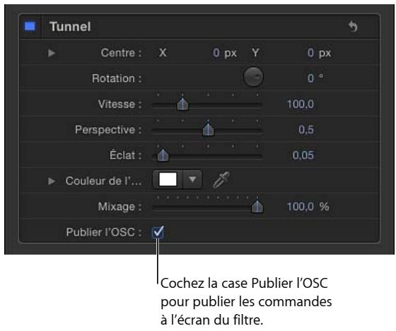 Tunnel Centre : X 0 px Y 0 px Rotation : Vitesse : 100,0 Perspective : 0,5 Éclat : 0,05 Couleur de l... Mixage : 100,0 % Publier l'OSC : Cochez la case Publier l'OSC pour publier les commandes à l'écran du filtre.