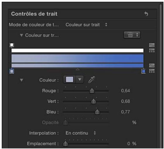 Contrôles de trait Mode de couleur de t... Couleur sur trait Couleur sur tr... Couleur : Rouge : 0,64 Vert : 0,68 Bleu : 0,77 Opacité % Interpolation : En continu Emplacement : 0 %