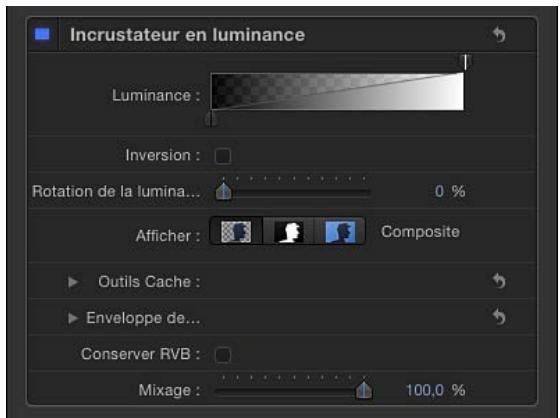 Incrustateur en luminance Luminance : Inversion : Rotation de la lumina... 0 % Afficher : Composite Outils Cache : Enveloppe de... Conserver RVB : Mixage : 100,0 %