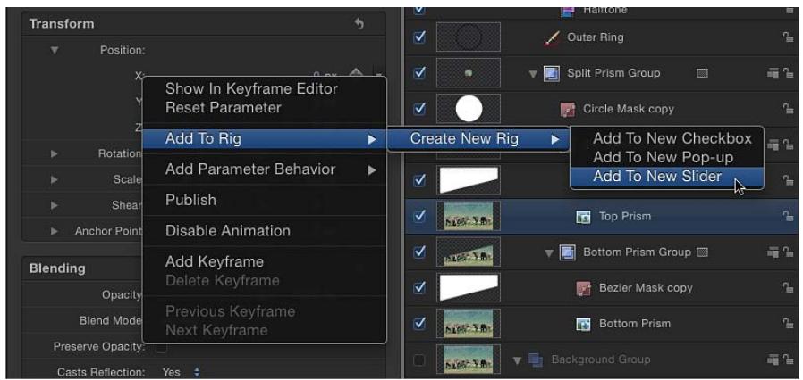 Transform Position: Show In Keyframe Editor Reset Parameter Add To Rig Add Parameter Behavior Publish Disable Animation Add Keyframe Delete Keyframe Previous Keyframe Next Keyframe Create New Rig Add To New Checkbox Add To New Pop-up Add To New Slider Top Prism Bottom Prism Group Bezier Mask copy Bottom Prism Background Group Blending Opacity Blend Mode Preserve Opacity: Casts Reflection: Yes