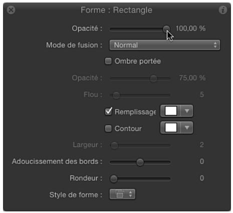 Forme : Rectangle Opacity : 100,00 % Mode de fusion : Normal Ombre portée Opacity : 75,00 % Flou : 5 Remplissage Contour Largeur : 2 Adoucissement des bords : 0 Rondeur : 0 Style de forme :