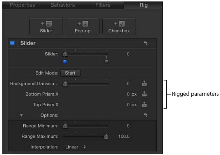 Properties Behaviors Filters Rig Slider Pop-up Checkbox Slider Slider: 0 Edit Mode: Start Background.Gaussia... 0 Bottom Prism.X 0 px Top Prism.X 0 px Options: Range Minimum: 0 Range Maximum: 100.0 Interpolation: Linear Rigged parameters