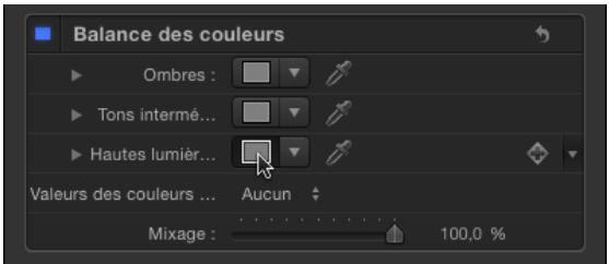 Balance des couleurs Ombres : Tons intermé... Hautes lumiè... Valeurs des couleurs ... Aucun Mixage : 100,0 %