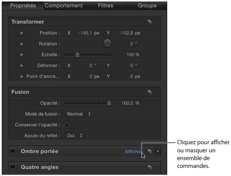 Propriétés Comportement Filtres Groupe Transformer Position : X -145,1 px Y -152,8 px Rotation : 0 ° Échelle : 100 % Déformer : X 0 ° Y 0 ° Point d'ancra... X 0 px Y 0 px Fusion Opacité : 100,0 % Mode de fusion : Normal Conserver l'opacité : Ajoute du reflet : Oui Ombre portée Affiche Quatre angles Cliquez pour afficher ou masquer un ensemble de commandes.