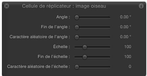Cellule de réplicateur : image oiseau Angle : 0.00 ° Fin de l'angle : 0.00 ° Caractère aléatoire de l'angle : 0.00 ° Échelle : 100 Fin de l'échelle : 100 Caractère aléatoire de l'échelle : 0