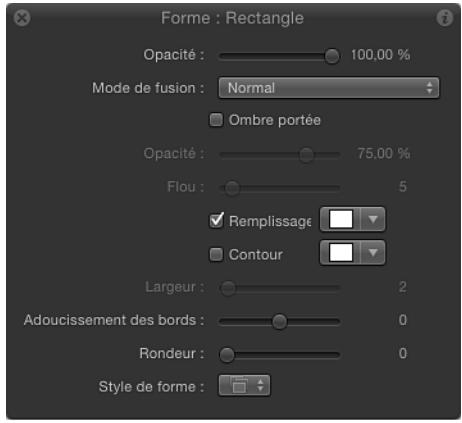 Forme : Rectangle Opacité : 100,00 % Mode de fusion : Normal Ombre portée Opacité : 75,00 % Flou : 5 Remplissage Contour Largeur : 2 Adoucissement des bords : 0 Rondeur : 0 Style de forme :