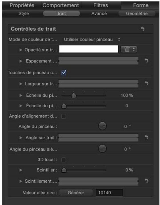 Propriétés Style Comportement Trait Filtres Avancé Forme Géométrie Contrôles de trait Mode de couleur de t... Utiliser couleur pinceau ► Opacité sur tr... ► Espacement ... Touches de pinceau c... ► Largeur sur tr... ► Échelle du pi... 100 % ► Échelle du pi... 0 Angle d'alignement d... Angle du pinceau : 0 ° ► Angle sur trait : Angle du pinceau alé... 3D local : ► Scintiller : 0 % ► Scintillement ... Valeur aléatoire : Générer 10140