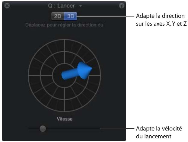 Q : Lancer 2D 3D Déplacez pour régler la direction du Adapte la direction sur les axes X, Y et Z Vitesse Adapte la vélocité du lancement