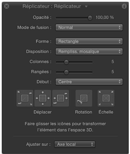 Replicateur : Réplicateur Opacity : 100.00 % Mode de fusion : Normal Forme : Rectangle Disposition : Rempliss. mosaïque Colonnes : 5 Rangées : 5 Début : Centre Déplacer Rotation Échelle Faire glisser les icônes pour transformer l'élément dans l'espace 3D. Ajuster sur : Axe local