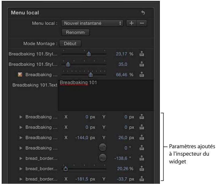Menu local Menu local : Nouvel instantané Renomm Mode Montage : Début Breadbaking 101.Styl... 23,17 % Breadbaking 101.Styl... 35,0 Breadbaking ... 66,46 % Breadbaking 101.Text Breadbaking 101 Breadbaking ... X 0 px Y 0 px Breadbaking ... X 0 px Y 0 px Breadbaking ... X -144,0 px Y 26,0 px Breadbaking ... 0 ° bread_border... -138,6 ° bread_border... 20,26 % bread_border... X -181,5 px Y -33,7 px Paramètres ajoutés à l'inspecteur du widget