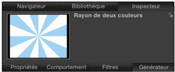 Navigateur Bibliothèque Inspecteur Rayon de deux couleurs Propriétés Comportement Filtres Générateur