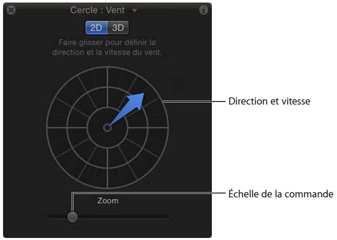 Cercle : Vent 2D 3D Faire glisser pour définir la direction et la vitesse du vent. Direction et vitesse Échelle de la commande Zoom