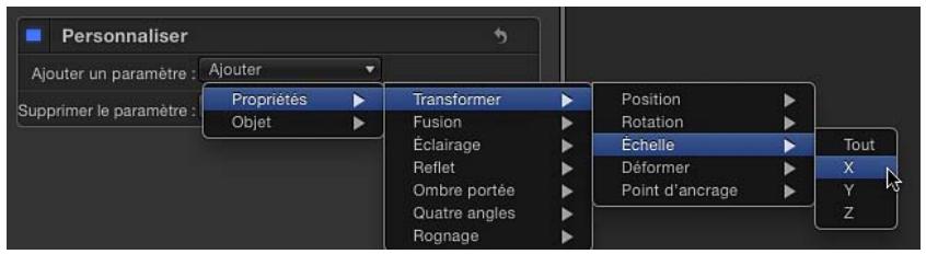 Personnaliser Ajouter un paramètre : Ajouter Supprimer le paramètre : Propriétés Objet Transformer Fusion Éclairage Reflet Ombre portée Quatre angles Rognage Position Rotation Échelle Déformer Point d'ancrage Tout X Y Z