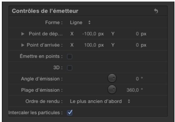 Contrôles de l'émetteur Forme : Ligne ► Point de dép... X -100,0 px Y 0 px ► Point d'arrivée : X 100,0 px Y 0 px Émettre en points : 3D : Angle d'émission : 0 ° Plage d'émission : 360,0 ° Ordre de rendu : Le plus ancien d'abord Intercaler les particules : ✓