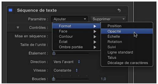 Séquence de texte Paramètre : Ajouter Supprimer Contrôles : Format Position Opacité Mise en séquence : Face Echelle Taille de l'unité : Contour Rotation Éclat Suivi Ombre portée Ligne standard Étalement : Vers l'avant Talus Direction : Vitesse Constante Décalage de caractères Boucles : 1.0