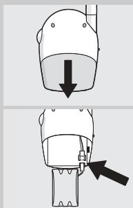 Diagram showing a mechanical or electrical component with downward force arrows and a close-up view of the component being inserted.