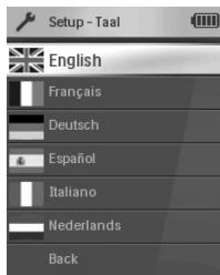 Setup - Taal English Français Deutsch Español Italiano Nederlands Back