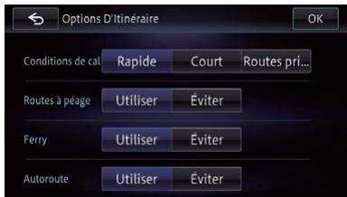 PIONEER AVIC-F950BT - Touchez les éléments désirés pour modifier les conditions du calcul d'itinétaire, puis touchez [OK]. - 1