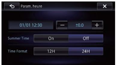 PIONEER AVIC-F950BT - Pour régler le décalage horsaire, touchez [+] ou [-] , [Act] ou [Dés], ou bien [12H] ou [24H]. - 1