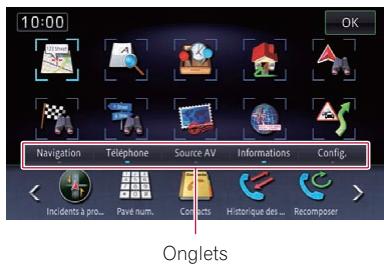PIONEER AVIC-F950BT - Touchez l'onglet ou touchez 山 ou pour afficher I'icone que vous souhaitez définir comme raccourci. - 1