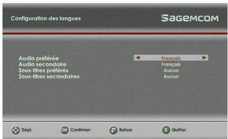 SAGEM DS87 HD,  DS87HD - Choix des langues menu, audio et sous-titres - 1