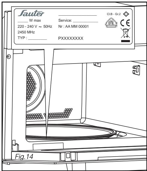 Sauter ____ W max 220 - 240 V ~ 50Hz 2450 MHz TYP: _________ Service: _________ Nr : AA MM 00001 PXXXXXXXXX CI.B - Gr.2 CE Fig. 14
