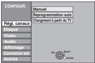 CONFIGUR. Régl. canaux Disque Vidéo Audio Affichage Connexion sat. Autres Manuel Reprogrammation auto Chargement à partir du TV TAB SELECT RETURN
