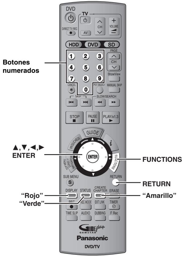 DVD TV DIRECT TV REC AV CH VOLUME HDD DVD SD PAGE CH ShowView CANCE 0 ROI SUBJECT MANUAL SKIP SLOW/SEARCH STOP PAUSE PLAY/x1.3 PROSHAREY GUIDE i FUNCTIONS ▲,▼,◄,► ENTER PACIFIC SUB MENU S RETURN DISPLAY STATUS CREATE CHAPTER ERASE RECO REC MODE EXT LINK TIMER TIME SLIP AUDIO DUBBING F Rec "Rojo" "Verde" GEMSTAR Panasonic DVD/TV