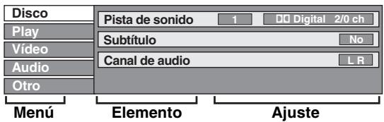 Disco Play Video Audio Otro Pista de sonido 1 DQ Digital 2/0 ch Subtítulo No Canal de audio L R Menú Elemento Ajuste