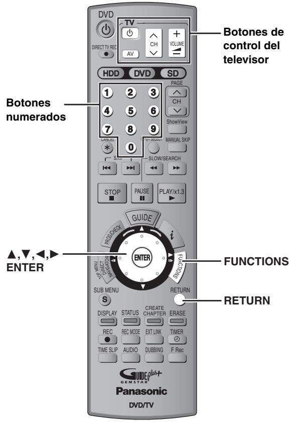 DVD TV DIRECT TV REC AV VOLUME CH PAGE HDD DVD SD Botones de control del televisor 1 2 3 4 5 6 7 8 9 MANUAL/SCELL 0 SLOW/SEARCH STOP PAUSE PLAY/x1.3 GUIDE PROCHECK i FUNCTIONS ▲,▼,◀, ENTER SUB MENU S RETURN DISPLAY STATUS CREATE CHAPTER ERASE REC REC MODE EXT LINK TIMER TIME SLIP AUDIO DUBBING F Rec Panasonic DVD/TV