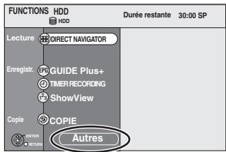 FUNCTIONS HDD HDD Durée restante 30:00 SP Lecture DIRECT NAVIGATOR Enregistr. GUIDE Plus+ TIMER RECORDING ShowView Copie COPIE OUTRES
