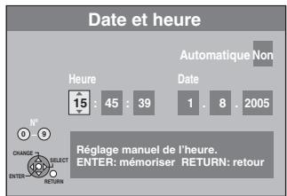 Date et heure Automatique Non Heure : 45 : 39 Date : 1 . 8 . 2005 Réglage manuel de l'heure. ENTER: mémoriser RETURN: retour
