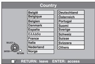Country België Deutschland Belgique Österreich Belgien Portugal Danmark Suomi España Sverige Ελλάσα Schweiz France Suisse Italia Svizzera Nederland Others Norge SELECT ENTER RETURN RETURN: leave ENTER: access
