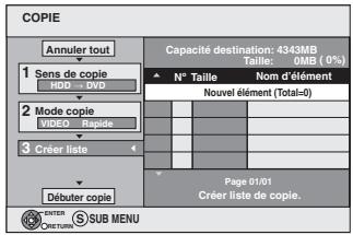 COPIE Annuler tout Capacité destination: 4343MB Taille: 6MB (0%) 1 Sens de copie N° Taille Nom d'élément BHD: 2V/80 2 Mode copie VIDEO Rapide 3 Créer liste Débuter copie Page 01/01 Créer liste de copie. ENTER S SUB MENU