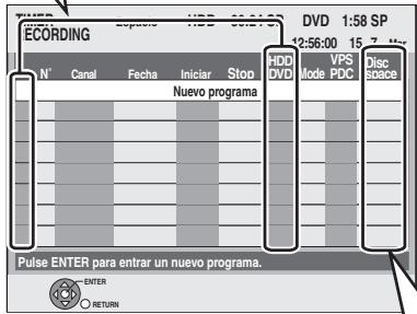 TIPED ECDORING N° Canal Fecha Iniciar Stop Nuevo programa HDD DVD VPS Mode PDC Disc space Pulse ENTER para entrar un nuevo programa. ENTER RETURN