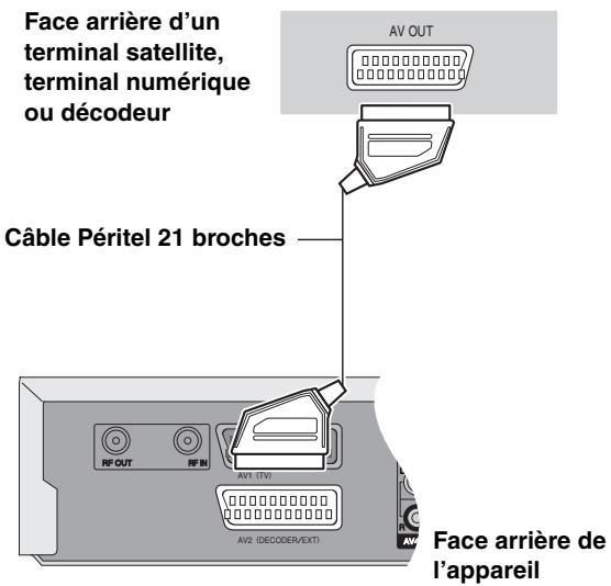 Face arrière d'un terminal satellite, terminal numérique ou décodeur AV OUT Câble Péritel 21 broches RF OUT RF IN AV1 (TV) AV2 (DECODER/EXT) Face arrière de l'appareil