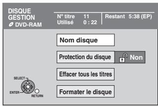 DISQUE GESTION DVD-RAM N° titre 11 Utilise 0 : 22 Restant 5:38 (EP) Nom disque Protection du disque Non Effacer tous les titres Formater le disque SELECT ENTER RETURN