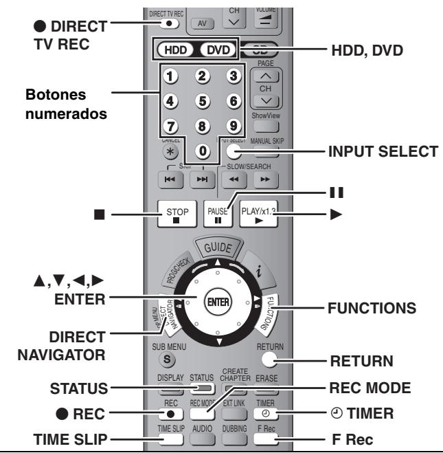 DIRECT TV REC HDD DVD Botones numerados 1 2 3 4 5 6 7 8 9 SPLIT/RESET 0 SLOW/SEARCH INPUT SELECT STOP PAUSE PLAY/x1.2 ▲,▼,◀,► ENTER DIRECT NAVIGATOR SUB MENU S STATUS REC MODE REC MODE EXT LINK TIMER TIME SLIP AUDIO DUBBING F Rec GUIDE i FUNCTIONS RETURN REC MODE 4 TIMER F Rec