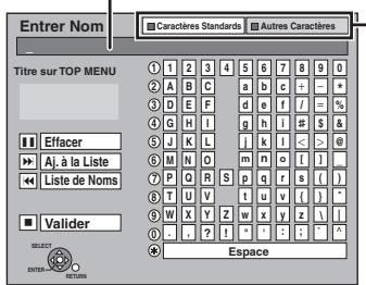 Entrer Nom Titré sur TOP MENU Effacer Aj. à la Liste Liste de Noms Valider SELECT Espace Caractères Standards Autres Caractères 1 2 3 4 5 6 7 8 9 0 2 A B C 3 D E F 4 G H I 5 J K L 6 M N O 7 P Q R S 8 T U V 9 W X Y Z 0 . ? ! * Espace