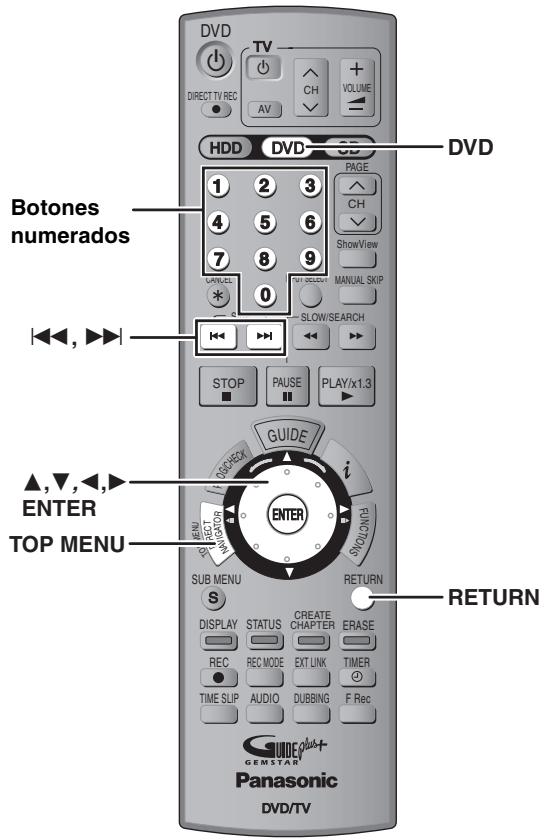 DVD TV DIRECT TV REC AV VOLUME HVCC DVD HDD 1 2 3 PAGE CH ShowView MANUAL SKIP SLOW/SEARCH STOP PAUSE PLAY/x1.3 GUIDE i I PANASONIC GEMSTAR TOP MENU MENU DIRECTOR PARAMETER SUB MENU S DISPLAY STATUS CREATE CHAPTER ERASE REC REC MODE EXT LINK TIMER TIME SUP AUDIO DUBBING F Rec RETURN DVD Botones numerados