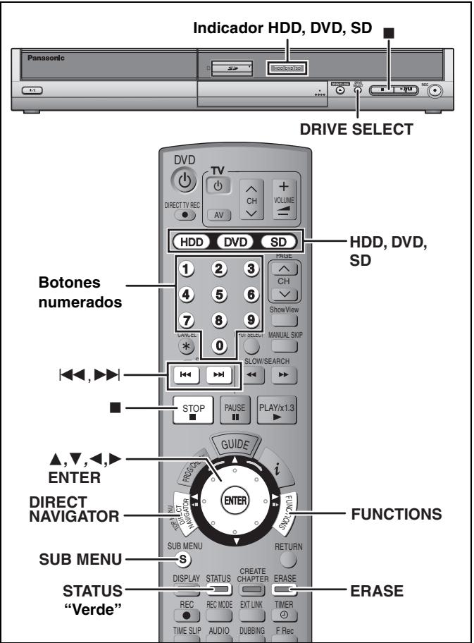 Indicator HDD, DVD, SD Panasonic DRIVE SELECT DVD TV DIRECT TV REC AV CH VOLUME HDD DVD SD 1 2 3 4 5 6 7 8 9 0 PAAUE CH ShowView MANUAL SKIP SLOW/SEARCH STOP PAUSE PLAY/x1.3 ▲,▼,▲,▲, ENTER DIRECT NAVIGATOR SUB MENU STATUS "Verde" FUNCTIONS RETURN DISPLAY STATUS CREATE CHAPTER ERASE REC REC MODE EXT LINK TIMER TIME SLIP AUDIO DUBBING F Rec ERASE