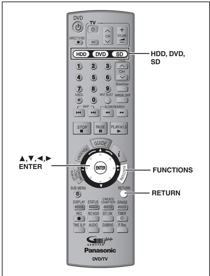 DVD TV DIRECT TV REC AV CH VOLUME HDD DVD SD 1 2 3 TIME CH ShowView CANCEL 8 9 INPUT SELECT MANUAL SKIP * SKIP SLOW/SEARCH STOP PAUSE PLAY/x1.3 GUIDE PROCHECK i FUNCTIONS PARAMETER PROM/PGM ENTER SUB MENU RETURN S DISPLAY STATUS CREATE CHAPTER ERASE REC REC MODE EXT LINK TIMER TIME SLIP AUDIO DUBBING F Rec GEMSTAR Panasonic DVD/TV ▲,▼,◄,► ENTER